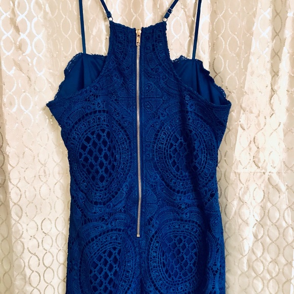 Intrigue Couture Royal Blue Crochet Dress with Keyhole open Front Lined - Picture 4 of 8